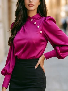 RosyDaze Women's Solid Color Faux Pearl Button Design Long Sleeve Elegant Blouse - Hot Pink - View 6