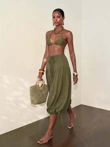 Zivah Women's Beach Vacation Cover-Up Drawstring Ruched 3/4 Lantern Pants For Beach Party - Army Green - View 7