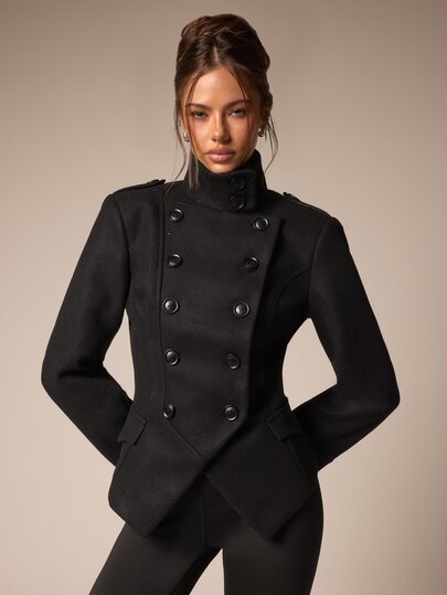 Athîral Women's Casual Long Sleeve Stand Collar Black Military Style Double-Breasted Front Slit Handsome Overcoat, Autumn/Winter Date Party Streetwear