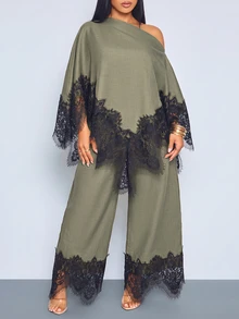 SOLERSUN Plus Size Women's Asymmetric Hem Contrast Lace Asymmetrical Shoulder Blouse And Wide Leg Pants Elegant 2 Pieces Set Fall Cocktail Brunch Olive Green - Army Green - View 6