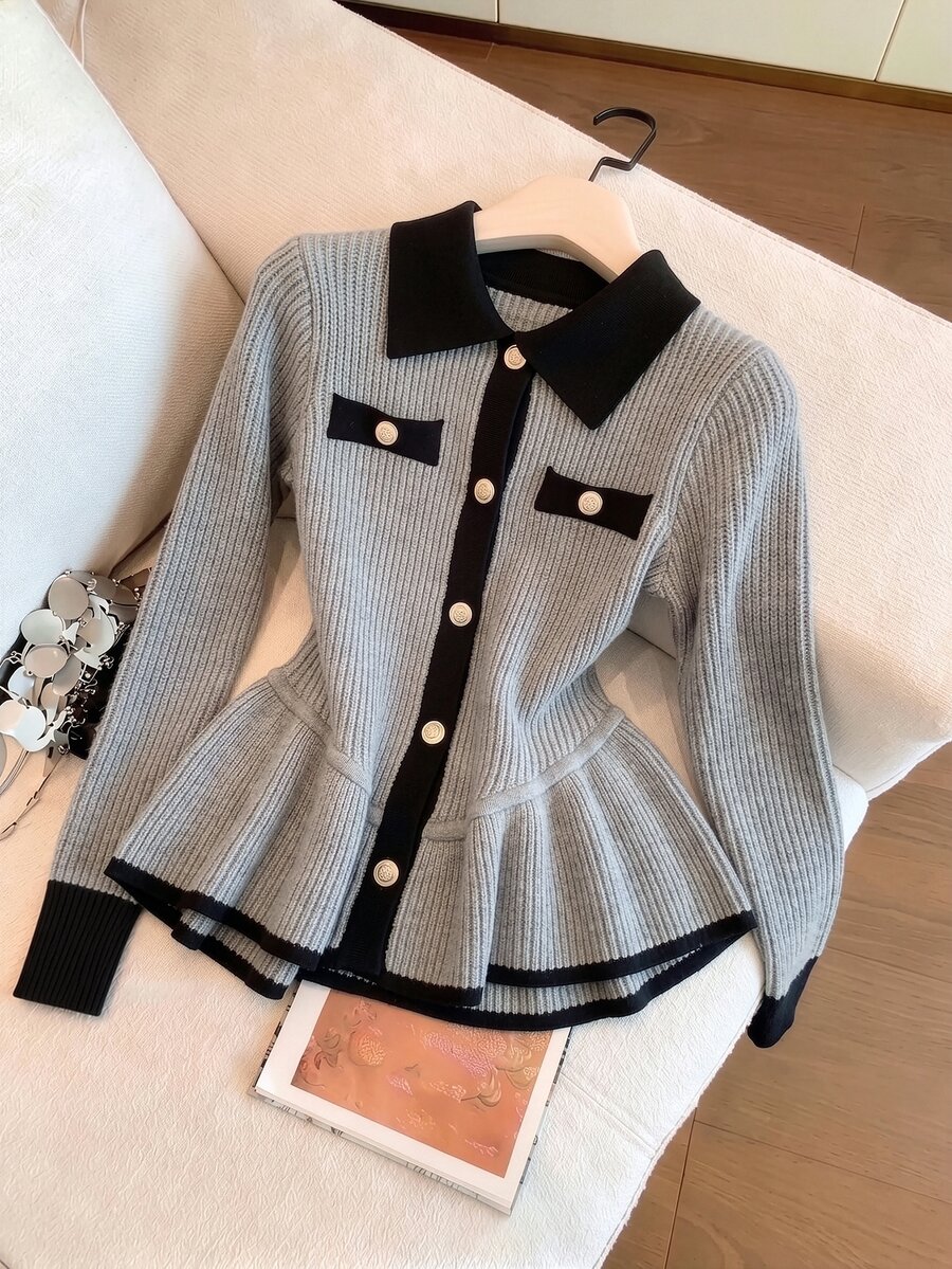 GlowEve CURVE Plus Size Korean Style Button Contrast Color Long Sleeve Knit Cardigan - Multicolor - View 1