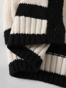 SHEIN Setelan 2 Potong untuk Anak Perempuan Remaja: Cardigan Patchwork dengan Hem dan Kancing Depan, Lengan Panjang, Sweater Kasual & Celana. - Hitam dan Putih - View 7