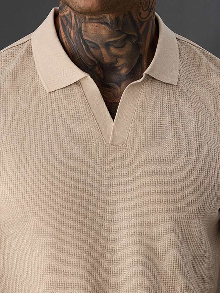 SLATEMANN Men's Waffle Knit Long Sleeve Polo Shirt, Minimalist V-Neck Solid Color Casual Autumn Daily Wear Polo Shirt - Khaki - View 6