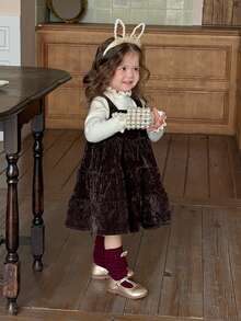 DAZY Infant/Toddler (Girl) Solid Color Autumn/Winter Layered Korean Style Casual Pinafore Dress - Coffee Brown - View 3