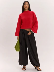 SHEIN BAE كنزة نسائية جديدة بياقة نصف عالية وأكمام راجلان فضفاضة بطول 3/4 بتصميم مريح متعدد الاستخدامات وإطلالة جذابة - Fiery Red - مشاهدة 5