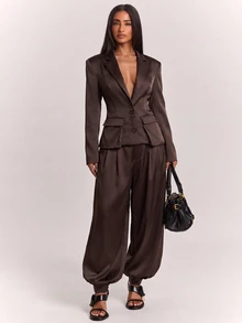 SHEIN BAE Women's Autumn/Winter Loose Casual Commute Dark Gray Striped Blazer Long Sleeve Jacket, Daily Commute Outfit, Social Event Outfit - Rust Brown - View 4