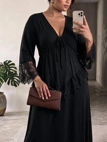Truni Plus-Size Women's Contrast Lace Long-Sleeved Dress, V-Neck And Fitted WaistPear Body,Triangle Body Fall - Black - View 6