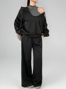 DAZY Women's Striped Halter Tank Top And Long Sleeve Hooded Sweatshirt With Loose Pants Sports Set - Black - View 9