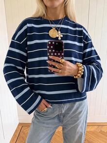 SHEIN EZwear 海外長袖淺藍色與海軍藍條紋襯衫，秋季上衣，適合日常通勤、聚會、秋冬春夏、聖誕節、新年、感恩節、派對、婚禮、海灘、畢業典禮、優雅、外出、約會、通勤、情人節、優雅、度假、Y2K、畢業典禮等場合 - 彩色 - 查看 4