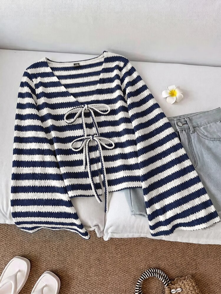 SHEIN LUNE Casual Minimalist Vintage Cardigan Autumn Striped Textured Floral Print Bow Shirt - Blue and White - View 7