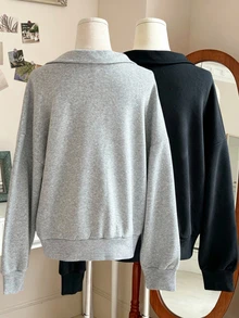SHEIN Unity Damen 2-teiliges Set mit lockerem Schnitt, Spalt-Reißverschluss und Revers in Schwarz und Grau, Pullover-Sweatshirt für Herbst/Winter, Schulanfang, geeignet für Damen-Treffen, Dates, Arbeit, Pendeln, Alltag, Abschlusszeit, Abschlussfeier, Lehrertag, Thanksgiving, essentielles Arbeits- und Pendler-Outfit, Damen-Sweatshirt - Verschiedenfarbig - Übersicht 2