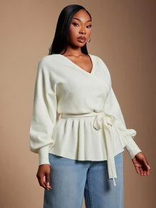 SHEIN SXY Plus Size Women's Solid Color V-Neck Knotted Waist Casual Versatile Long Sleeve Sweater - White - View 6