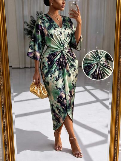 SHEIN Lady CURVE Plus Size Women's Tie-Dye V-Neck 3/4 Sleeve Waist Twist Design Elegant Dress