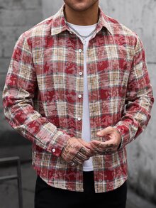 Manfinity CasualCool 男士休閒度假格紋鈕扣長袖襯衫 - 紅色 - 查看 5