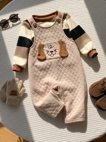 SHEIN 中性嬰兒男嬰/女嬰、幼兒 2 件組秋冬抓絨加厚可愛條紋運動衫套裝，小狗圖案吊帶褲套裝，嬰兒冬季衣物，聖誕 - 鏽棕色 - 查看 4