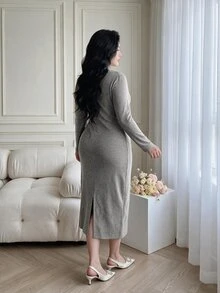 Vibekara Đầm ôm dáng dài cổ vuông nhún eo size lớn - Màu xám đen - Xem 2
