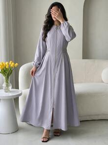 Al Najma Women's Round Neck Long Sleeve Zipper Placket Waist Faux Pearl Decor Arabian Dress - Purple - View 4