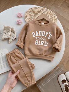SHEIN Babygirl 針織秋冬字母圖案長袖衛衣與鬆緊腰長褲 2件組 - 棕色 - 查看 3