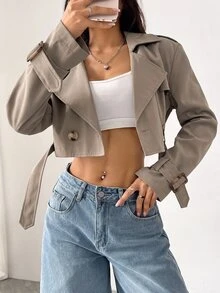 SHEIN EZwear 女款缺口領鈕扣前襟長袖短款風衣，適合秋冬日常休閒穿著 - 卡其色 - 查看 6