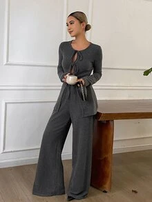 DAZY Women's Korean Style Tie-Up Long Sleeve Top And Pants 2 Pieces Set - Grey - View 2