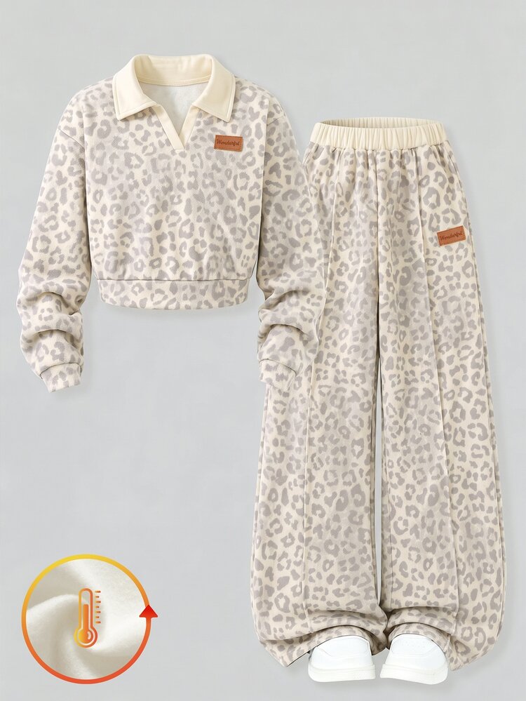 SHEIN Tween Girls Leopard Print Fleece Sweatsuit, Lapel Collar Cropped Pullover & Wide Leg Pants 2pcs Set Cozy Fall Winter Outfits - Multicolor - View 3