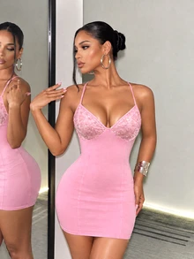 BamGleam Women's Sequin Patchwork Backless Lace-Up Sexy Fitted Party Spaghetti Strap Mini Dress - Pink - View 1