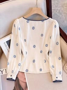 GlowEve CURVE Women's Plus Size Round Neck Printed Long Sleeve Blouse, Casual Autumn/Winter Top Fall - White - View 2