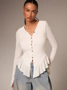 Athîral Women's V-Neck Contrast Color Button-Front Ruffle Trim Elegant Blouse, Autumn/Winter Clothing, Suitable For Outings, Dates, Parties, Night Out, Birthday - White - View 5
