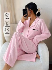 SHEIN طقم بيجامة كلاسيكي بأزرار أمامية وطبعة فيونكة – ملابس علوية ناعم بأكمام طويلة وبنطال مريح بساق مستقيمة - وردي - مشاهدة 8