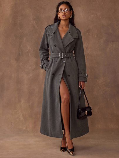 SHEIN BAE معطف ترنش نسائي بني من مزيج الصوف بأكمام طويلة، أسلوب تنقل عصري، ملابس خريفية/شتوية عتيقة، ملابس التنقل اليومي