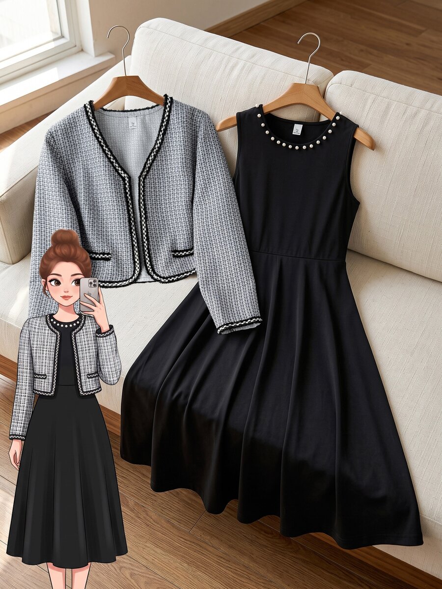 Bộ 2 món cho bé trai tuổi teen mùa thu phong cách casual dễ thương, áo khoác dệt tay tay dài vạt mở và váy yếm cổ tròn đính hạt, trắng đen, đi tiệc sinh nhật - màu đen - Xem 1