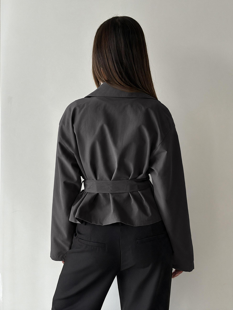 Aloruh Women's Solid Color Lapel Neck Long Sleeve Double-Breasted Xiu'x Trench Coat Jacket - Grey - View 2