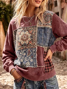 Breezaya Plus Size Women's Vintage Boho Floral Plaid Print Patchwork Sweatshirt,Long Sleeve Crew Neck Pullover Casual Loose Streetwear Top,Fall Women Outfits - Multicolor - View 3