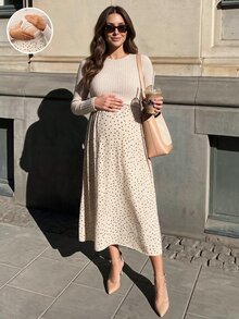 SHEIN 孕婦綠色長袖圓領休閒百搭洋裝，秋季女裝穿搭 - 杏色 - 查看 1