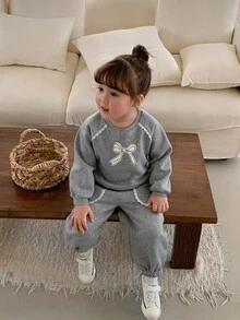 DAZY Infant (Girl) Round Neck Korean Style Long Sleeve Sweatshirt + Casual Long Pants Bowknot Fresh Sweatshirt Set - Grey - View 6