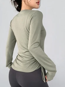 DAZY Women's Solid Color Pleated Casual Daily Long Sleeve Sports T-Shirt - Mint Green - View 6