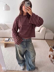SHEIN EZwear 海外長袖酒紅條紋襯衫，秋季上衣，適合日常通勤、聚會、秋冬春夏、聖誕節、新年、感恩節、派對、婚禮、海灘、畢業典禮、優雅、外出、約會、通勤、情人節、優雅、度假、Y2K、畢業典禮及其他場合 - 彩色 - 查看 6