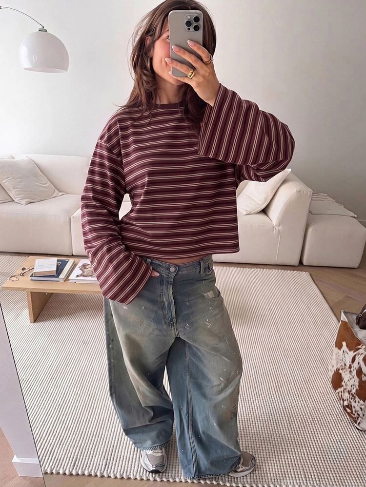 Overseas Long Sleeve Burgundy Striped Shirt, Autumn Top, Suitable For Daily Commute, Gathering, Autumn/Winter/Spring/Summer, Christmas, New Year, Thanksgiving, Party, Wedding, Beach, Graduation Ceremony, Elegant, Outing, Dating, Commute, Valentine's Day, Elegant, Vacation, Y2K, Graduation Ceremony And Other Occasions - Multicolor - View 6