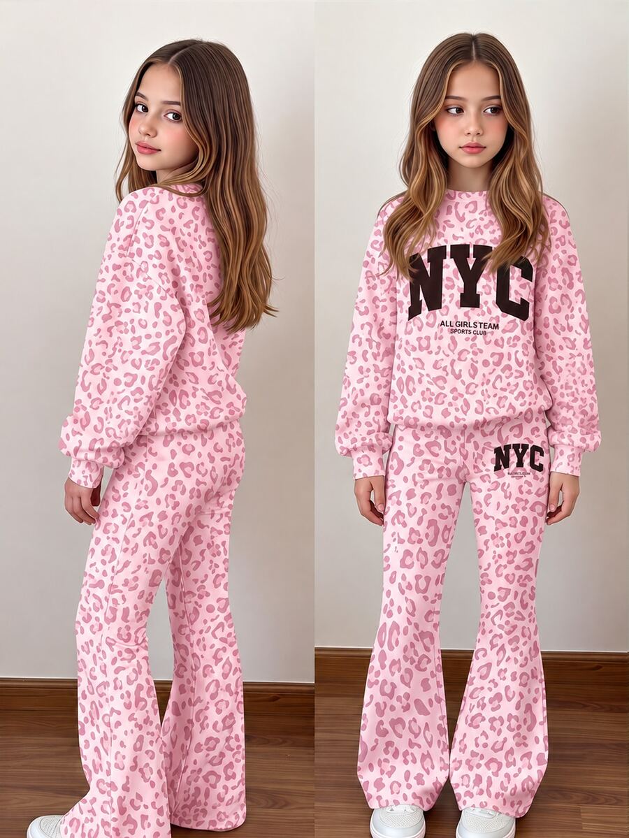 Tween Girl Leopard & Tween Girl Letter Graphic Drop Shoulder Autumn Winter Sweatshirt & Flare Leg Sweatpan - White - View 1