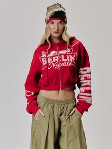 MUSERA Graphic Printed Zip Through Cropped Hoodie Cute Daily Vintage Y2K Back To School Primary - Red - View 1