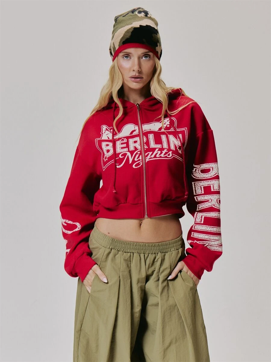 MUSERA Graphic Printed Zip Through Cropped Hoodie Cute Daily Vintage Y2K Back To School Primary - Red - View 1