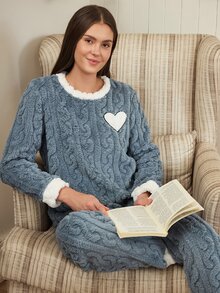 Doze Lane Five-Point Star Embroidered Contrast Color Autumn/Winter Plush Long Sleeve Long Pants Pajama Set - Dusty Blue - View 1