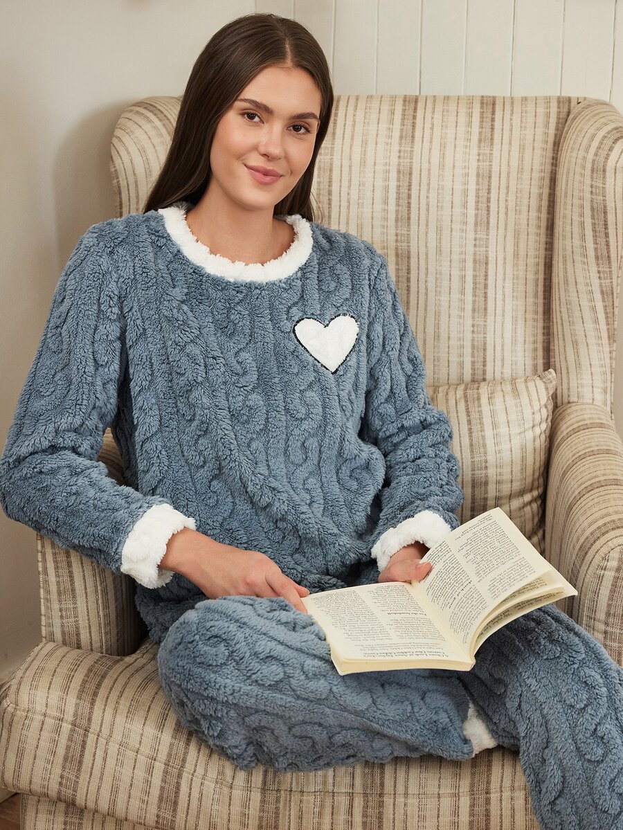 Doze Lane Five-Point Star Embroidered Contrast Color Autumn/Winter Plush Long Sleeve Long Pants Pajama Set - Dusty Blue - View 1