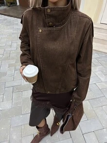DAZY Women's Zipper Casual Versatile Daily Denim Jacket - Brown - View 9