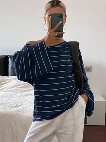 DAZY 女款條紋不對稱肩寬鬆街頭休閒T恤 - 藏蓝色 - 查看 1