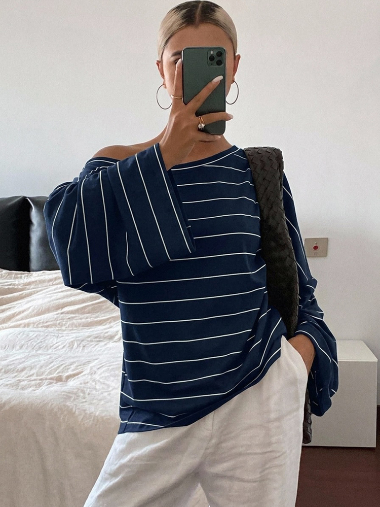 DAZY Women's Striped Asymmetrical Shoulder Loose Street Casual T-Shirt - Navy Blue - View 1