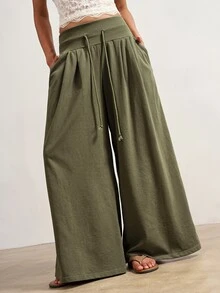 Bohemela Casual Solid Color Knit Wide Leg Women's Pants - Green - View 1