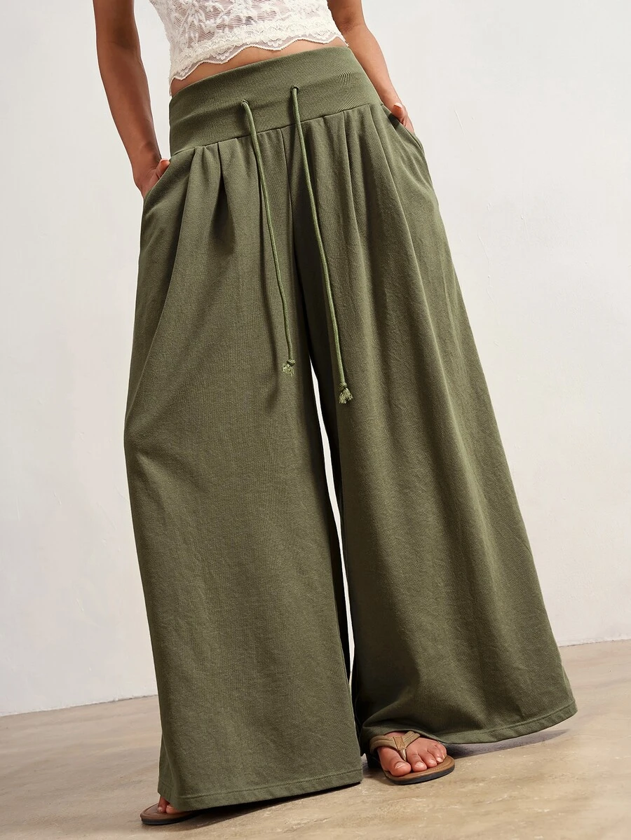 Bohemela Casual Solid Color Knit Wide Leg Women's Pants - Green - View 1