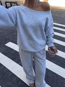 Muchica Autumn New Plus Size Women's Asymmetric Shoulder Plus Size Fluffy Fleece Elastic Loose Casual Sweatshirt And Sweatpants 2 Pieces Set - Light Grey - View 6