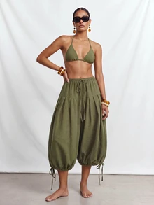 Zivah Women's Beach Vacation Cover-Up Drawstring Ruched 3/4 Lantern Pants For Beach Party - Army Green - View 6